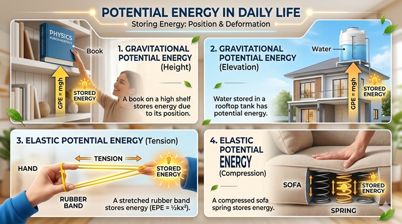 15 potential energy examples in daily life at home including book on shelf water tank and rubber band